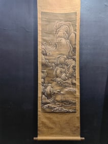 A Chinese Vertical Scroll Ink Painting of Landscape on Silk,Dong Yuan