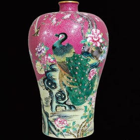 A Rare Enamel Ruby Red-Glazed Flower and Bird Pattern Vase,With Poem