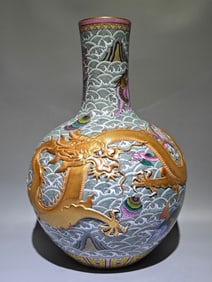 A Huge Famille-Rose Iron-Red Glazed Painted Gold Seawater,Auspicious Beast and Dragon Pattern Vase