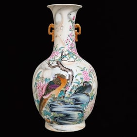 A Rare Famille-Rose Painted Gold Flower and Bird Pattern Double-Ears Vase,With Poem