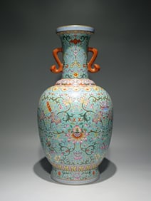 A Rare Enamel Turquoise Glazed Lotus and Eight Treasures Pattern Double-Ears Vase