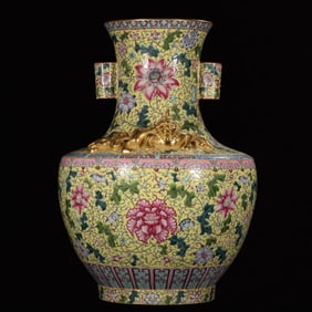 A Huge Yellow Ground Famille-Rose Painted Gold Lotus Flower Pattern Carve Double-Ears Vase