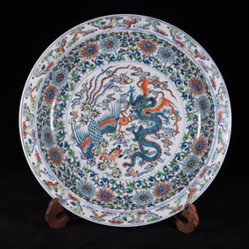 A Rare Blue and White Doucai Dragon and Phoenix Pattern Plate