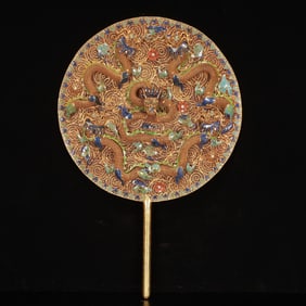 A Rare Cloisonne Gilt Dragon Pattern Fan,Inlaid Gems