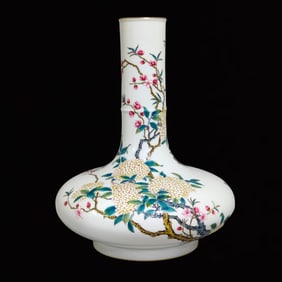 A Rare Famille-Rose Painted Gold Flower and Bird Pattern Vase,With Poem