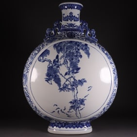 A Huge Blue and White Flower and Bird Pattern Dragon-Ears Vase