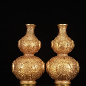 A Pair of Exquisite Gilt Bronze Flower and Bats Pattern Gourd-Shaped Vases