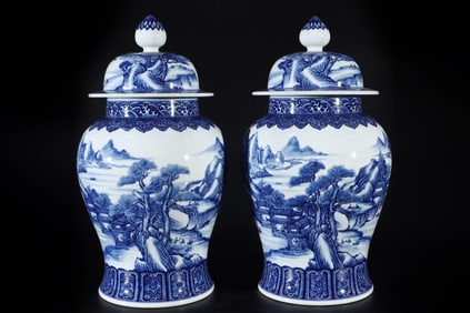 A Pair of Huge Blue and White Landscape and Figure Pattern Cover Jars