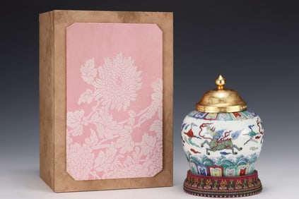An Exquisite Doucai Kylin Pattern Jar , with Gilt Cover