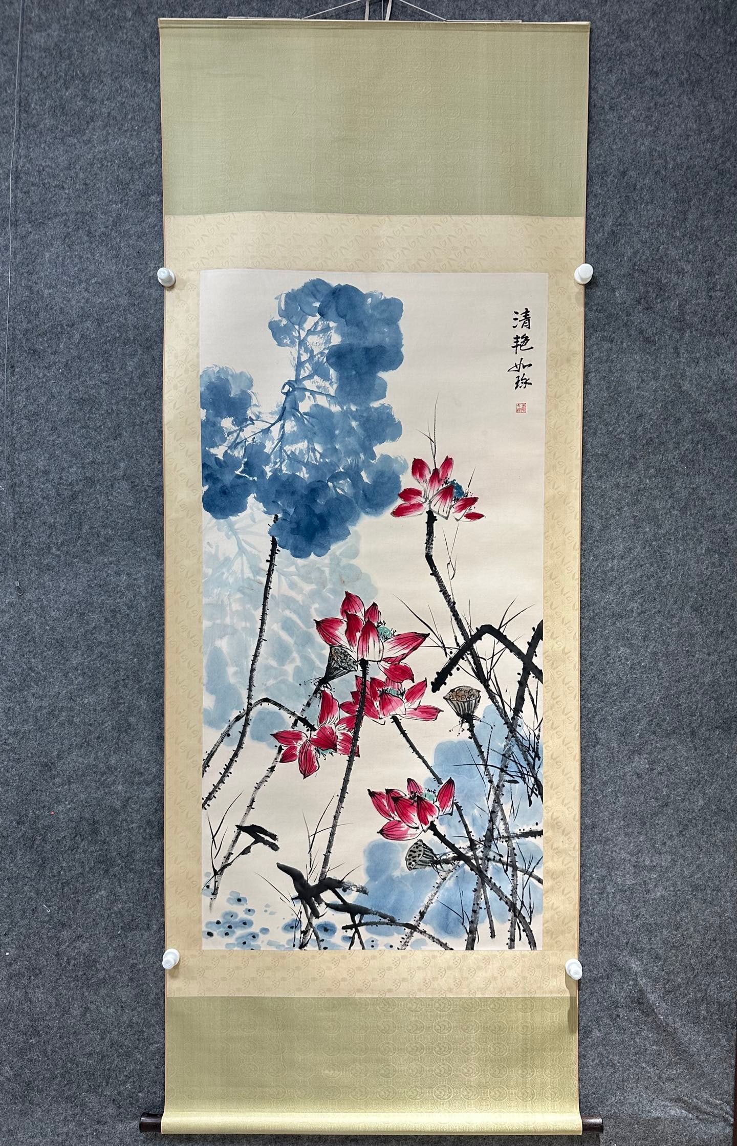 A Chinese Vertical Scroll Ink Painting of Lotus on Paper,Cui Ruzhuo: A Chinese Vertical Scroll Ink Painting of Lotus on Paper,Cui Ruzhuo,Without frame Size:27.4inx53.9in 一幅中国水墨荷花图立轴,崔&#
