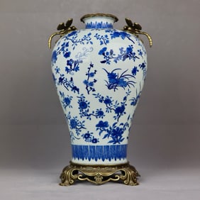 A Huge Blue and White Flower Pattern Inlaid Bronze Double-Ears Vase