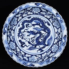 A Huge Blue and White Dragon Pattern Plate