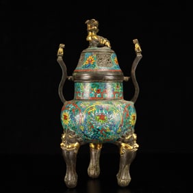 A Rare Cloisonne Lotus Pattern Double-Ears and Beast-Legs Censer