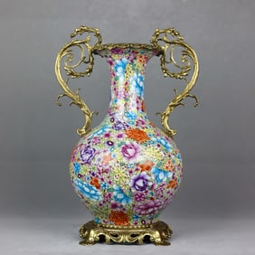 A Huge Famille-Rose Flower Pattern Inlaid Bronze Double-Ears Vase