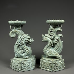A Pair of Exquisite Ru yao Sky Blue Glazed Dragon and Phoenix Candlesticks