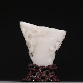 An Exquisite White Jade Plum Blossom Pattern Cup,With Zitanwood Base