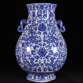 A Rare Blue and White Lotus and Dragon Pattern Elephant-Ears Vase