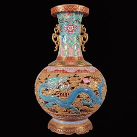 A Huge Enamel Golden Ground Carve Dragon Pattern Double-Ears Vase