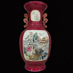 A Rare Ruby Red-Glazed Painted Gold Character and Story Pattern Dragon-Ears Vase