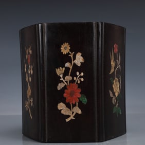 An Exquisite Zitanwood Inlaid Gems Flower and Bird Pattern Brush Pot