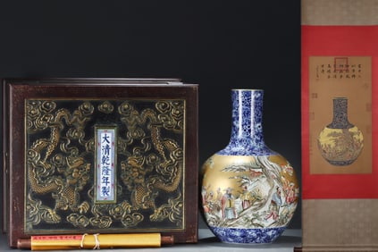 A Huge Blue and White Enamel Figure Pattern Vase, With Vertical Scroll Painting on Silk