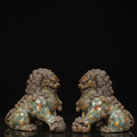 A Pair of Exquisite Cloisonne Flower Pattern Lion Ornaments