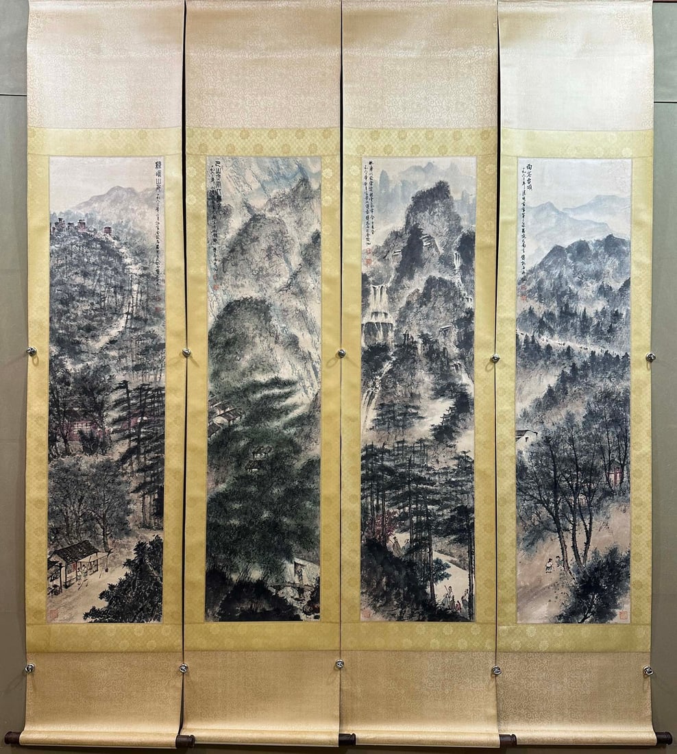 A Set of Chinese Vertical Scroll Ink Painting of Landscape on Paper,Fu Baoshi: A Set of Chinese Vertical Scroll Ink Painting of Landscape on Paper,Fu Baoshi,Size:13.4inx54.7in*4 一套中国水墨山水画立轴,傅