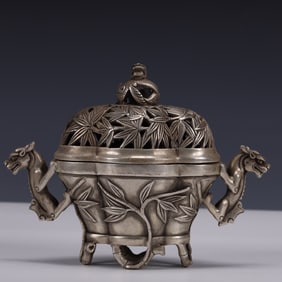 An Exquisite Silver-plated Bamboo Pattern Double-Ears and Four legs Censer