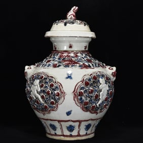 A Huge Blue and White UnderGlazed-Red Figure Pattern Beast-Ears Jar with Cover