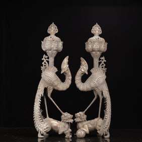 A Pair of Huge Silver-plated Copper Phoenix-Shaped Censers