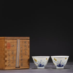 A Pair of Exquisite Doucai Flower and Butterfly Pattern Cups