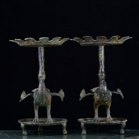 A Pair of Rare Bronze Bird-Shaped Candlestick,With Inscription
