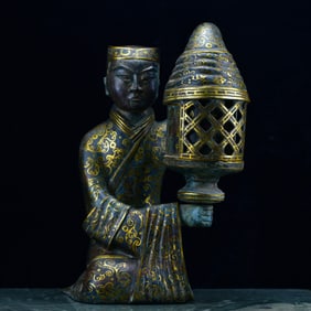 A Rare Bronze Inlaid Gold Figure Palace Lantern,With Inscription