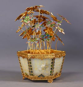 An Exquisite Gilt Inlaid White Jade Bonsai Ornament,With poem