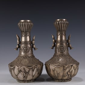 A Pair of Exquisite Silver-plated Lotus Pattern Double-Ears Vases
