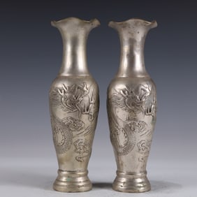 A Pair of Exquisite Silver-plated Dragon and Phoenix Pattern Vases