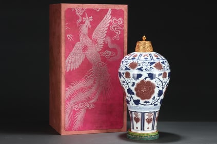 A Huge Blue and White Underglaze-Red Lotus, Peony Pattern Vase, With Gilt Cover