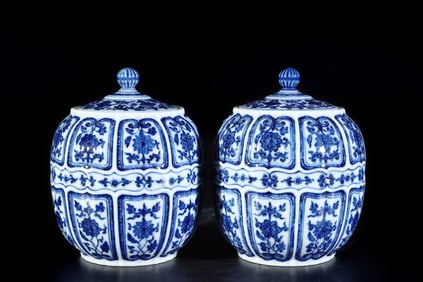A Pair of Exquisite Blue and White Flower Pattern Tea Caddys