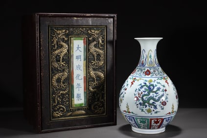 A Rare Doucai Lotus and Dragon Pattern Vase