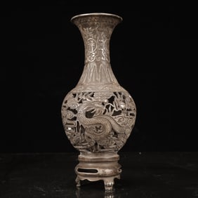 An Exquisite Silver-plated Copper Dragon and Phoenix Pattern Tripod Vase