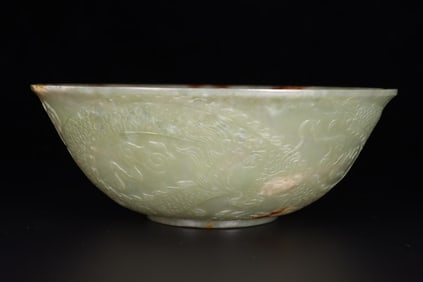 An Exquisite White Jade Dragon Pattern Bowl