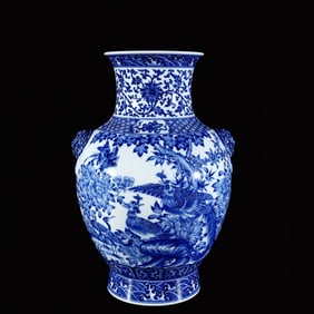 A Huge Blue and White Peony and Phoenix Pattern Double-Ears Vase