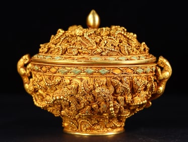 An Exquisite Gilt Silver Auspicious Beast Pattern Beast-Ears Cover Vat,Inlaid Turquoise