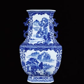 A Huge Blue and White Landscape and Figure Pattern Double-Ears Vase