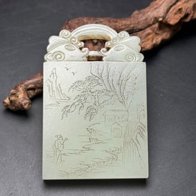 An Exquisite White Jade Landscape and Figure Pattern Pendant,With Poem