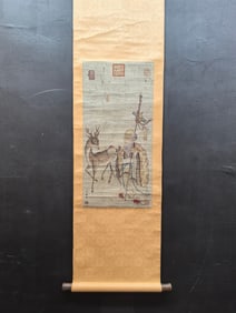 A Chinese Vertical Scroll Ink Painting of Figure and Deer on Silk,Liu Songnian