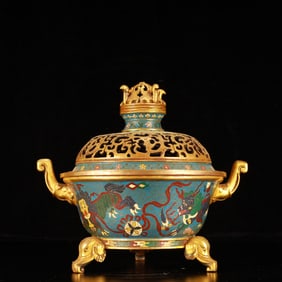 An Exquisite Cloisonne Auspicious Beast Pattern Elephant-Ears Tripod Censer