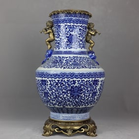 A Huge Blue and White Lotus Pattern Inlaid Bronze Double-Ears Vase