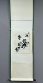 A Chinese Vertical Scroll Ink Painting of Chicks on Paper,Huang Zhou