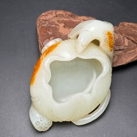 An Exquisite White Jade Goose Pattern Lotus Leaf-Shaped Brush Washer